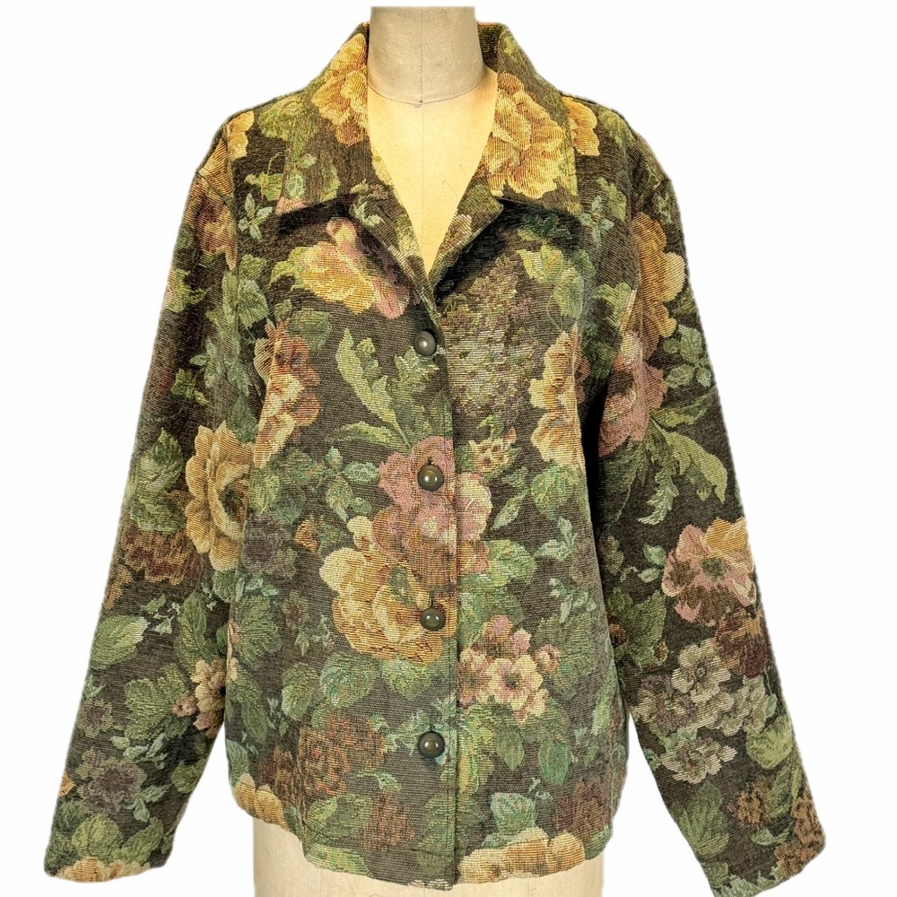 VINTAGE tapestry cottage flower garden blazer woven jacket Victorian English 90s - Picture 3 of 11